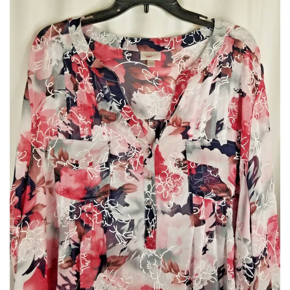 Avenue Women's Tunic Top Blouse Sheer Floral Size 30/32 Pockets Pleat Accent - Picture 3 of 7